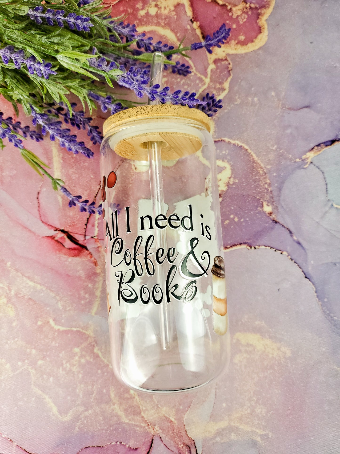 'All I need is Coffee & Books' 16oz Libbey Glass Can