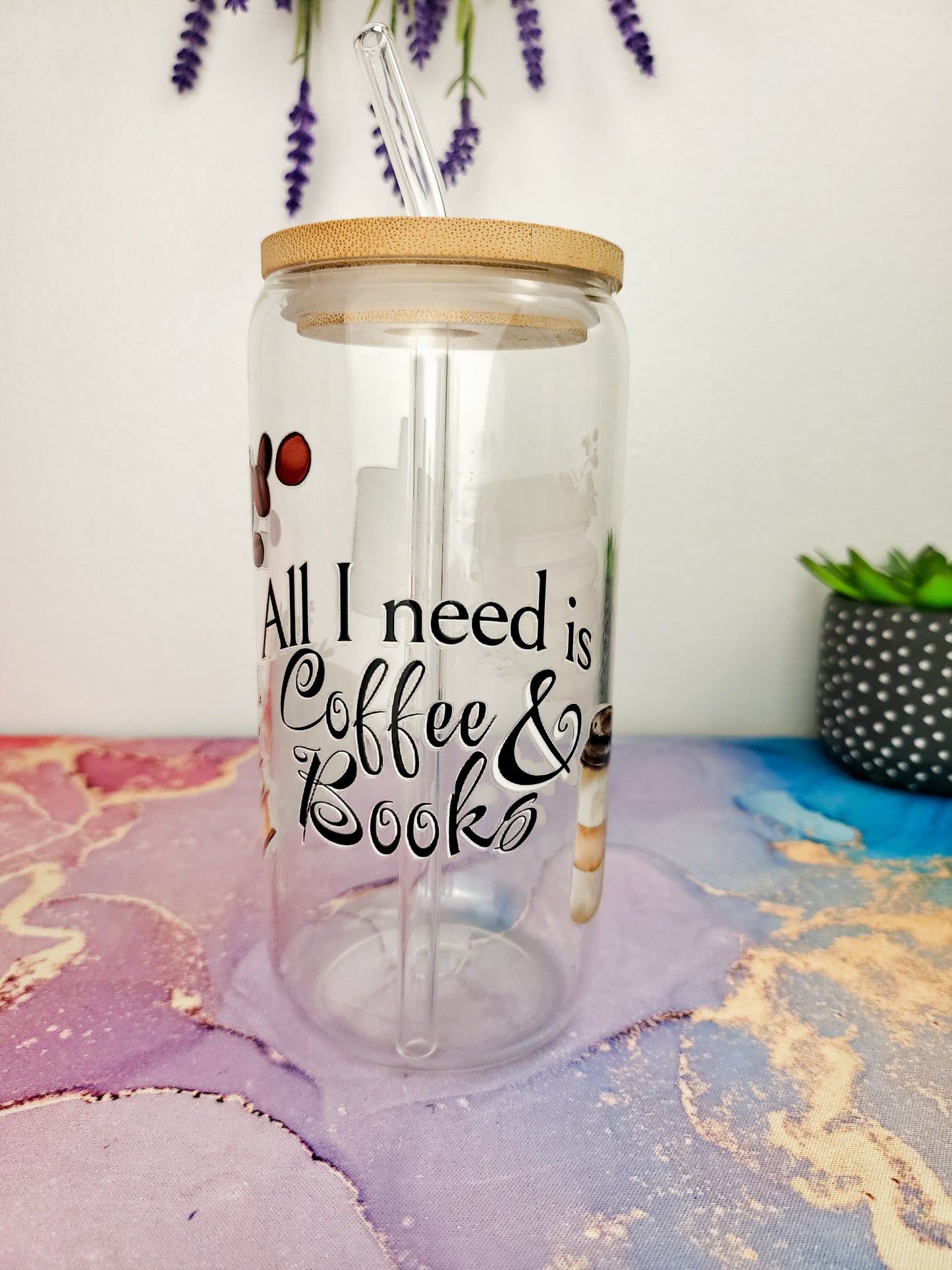 'All I need is Coffee & Books' 16oz Libbey Glass Can