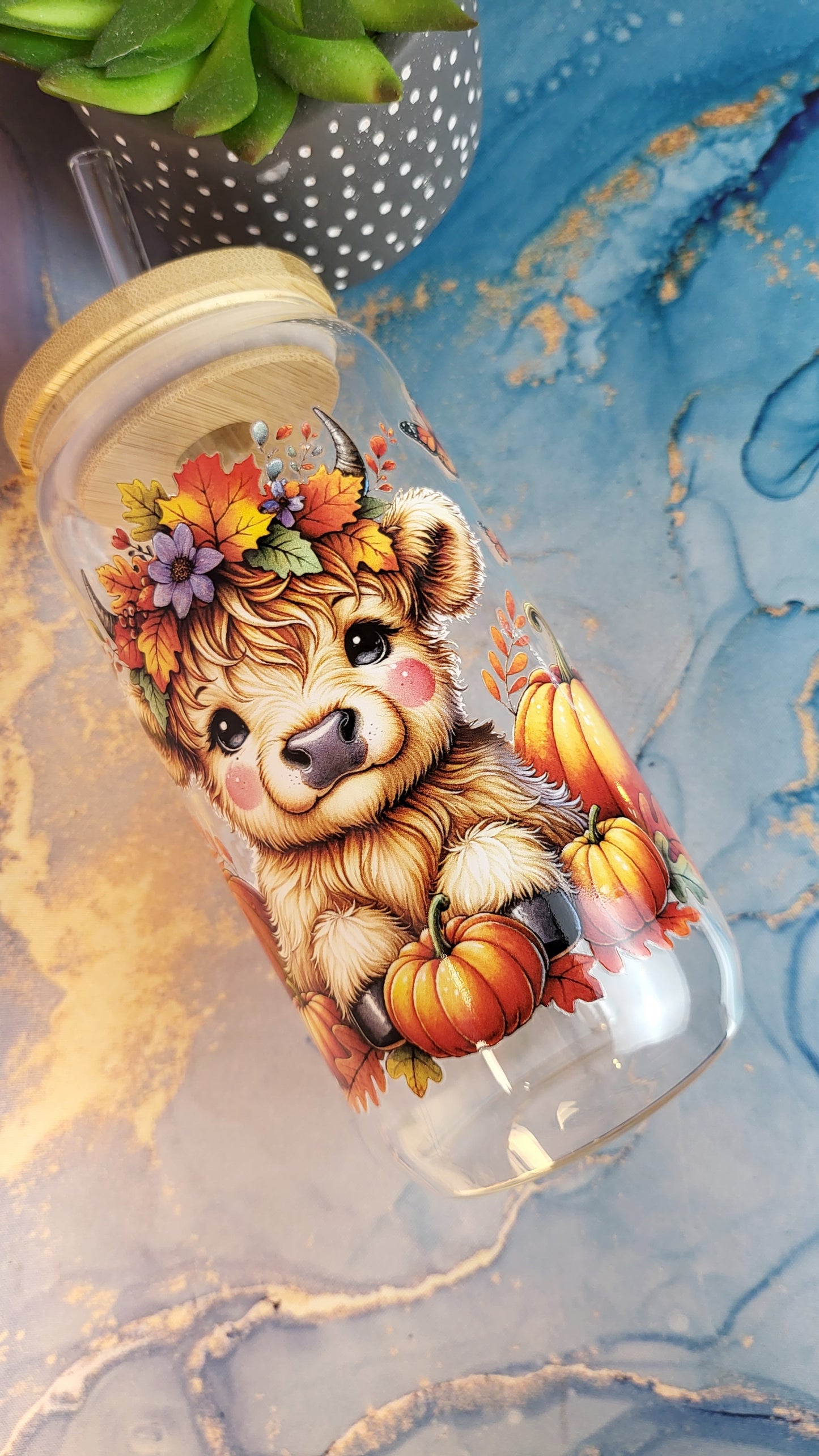 'Pumpkins Highland Cow' 16oz Libbey Glass Can