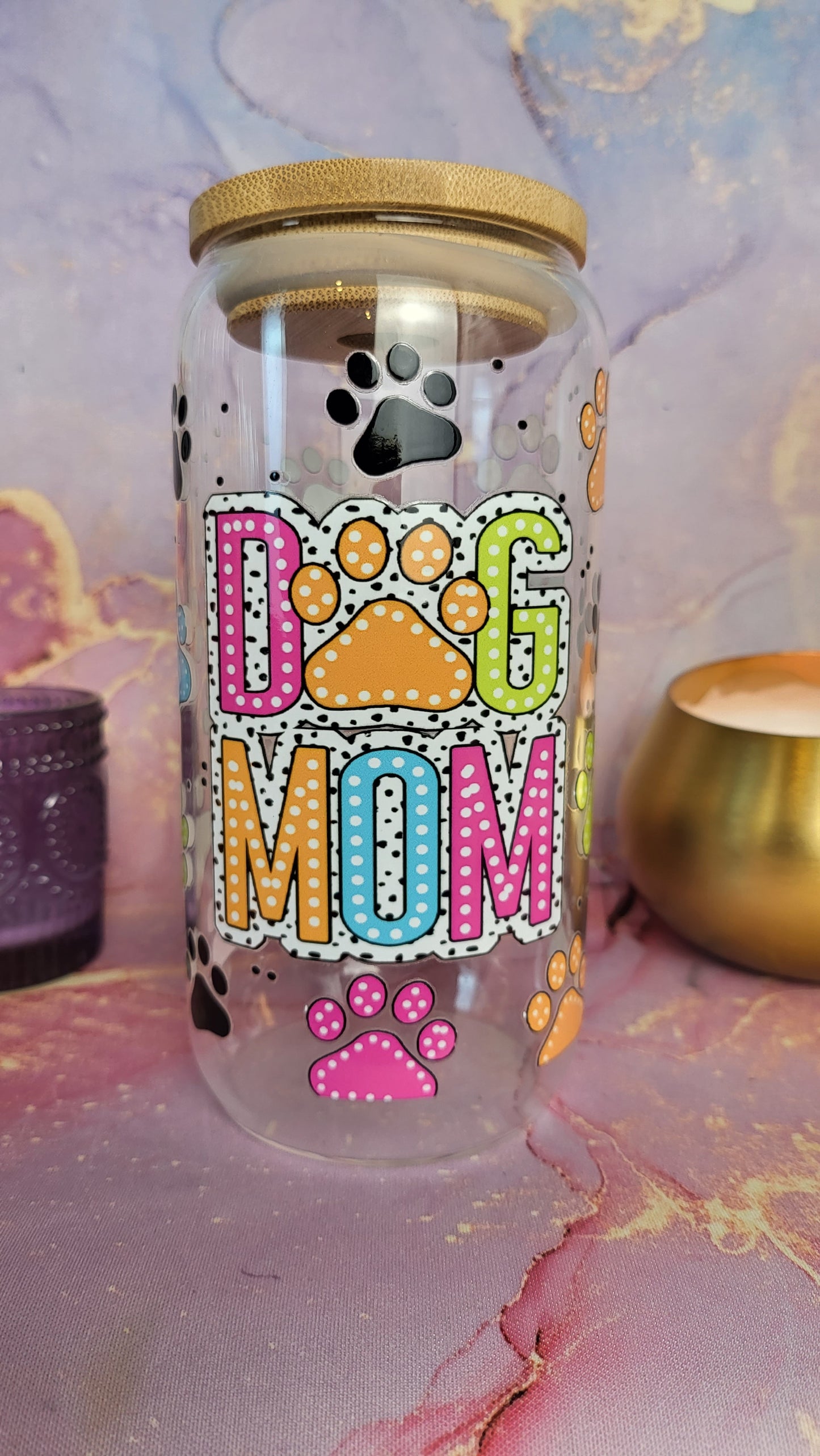 'Dog Mom-Dog Lovers' 16oz Libbey Glass Can