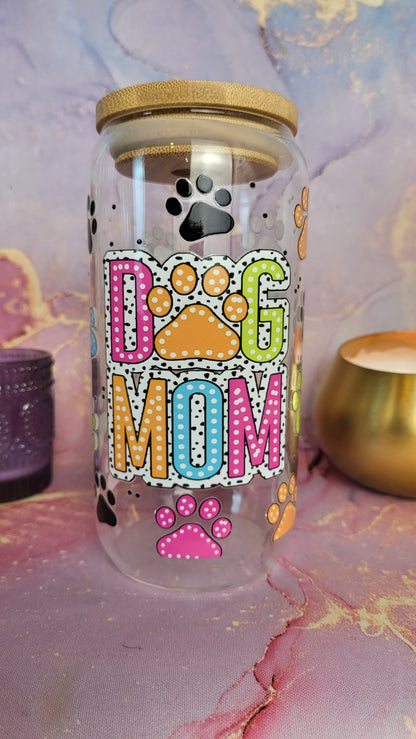 'Dog Mom-Dog Lovers' 16oz Libbey Glass Can