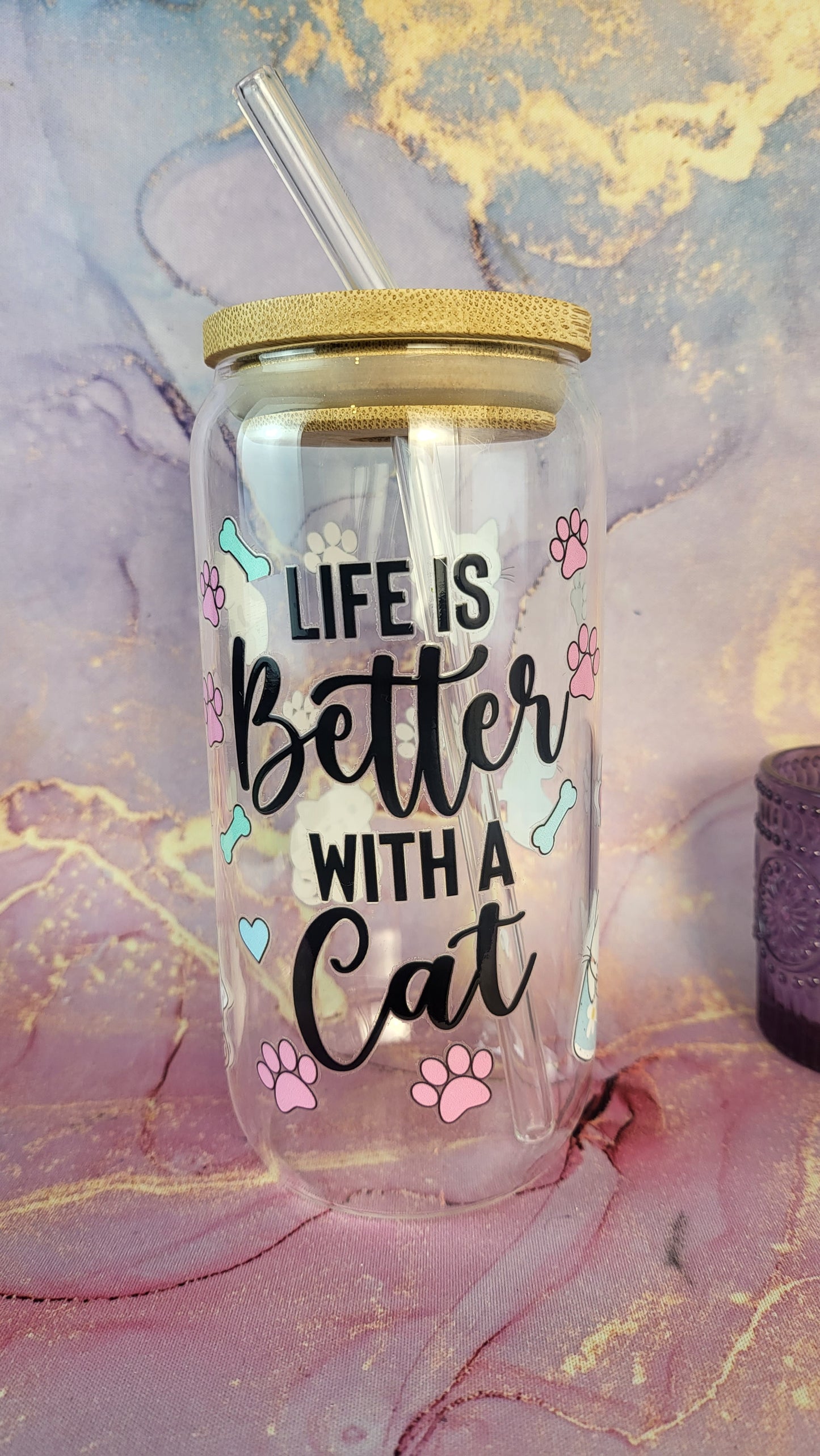 'Life is Better with a Cat' 16oz Libbey Glass Can