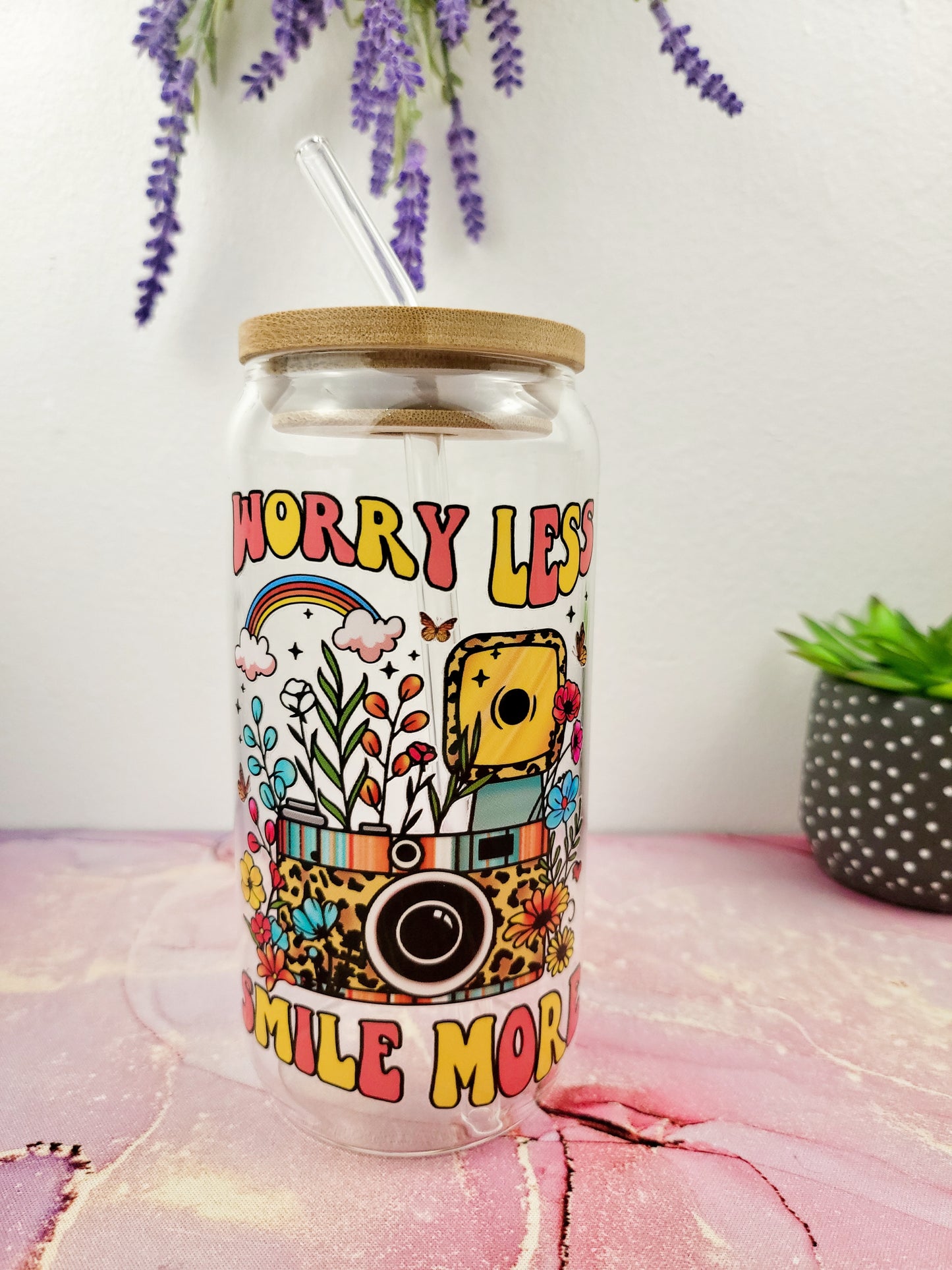 'Worry Less Smile More' 16oz Libbey Glass Can