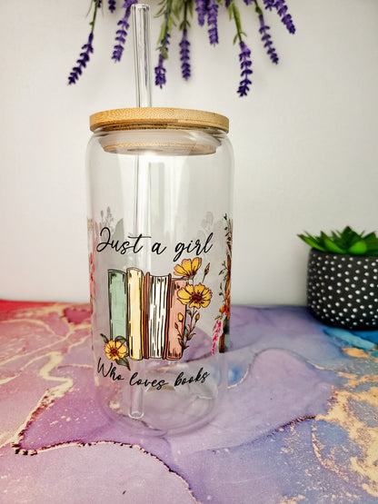 'Just a Girl who Loves Books' 16oz Libbey Glass Can