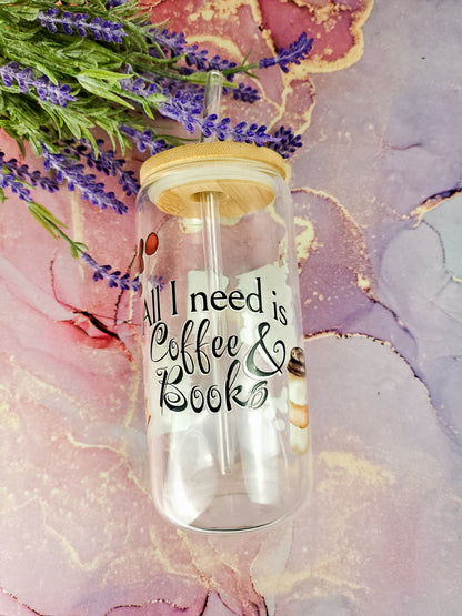 'All I need is Coffee & Books' 16oz Libbey Glass Can