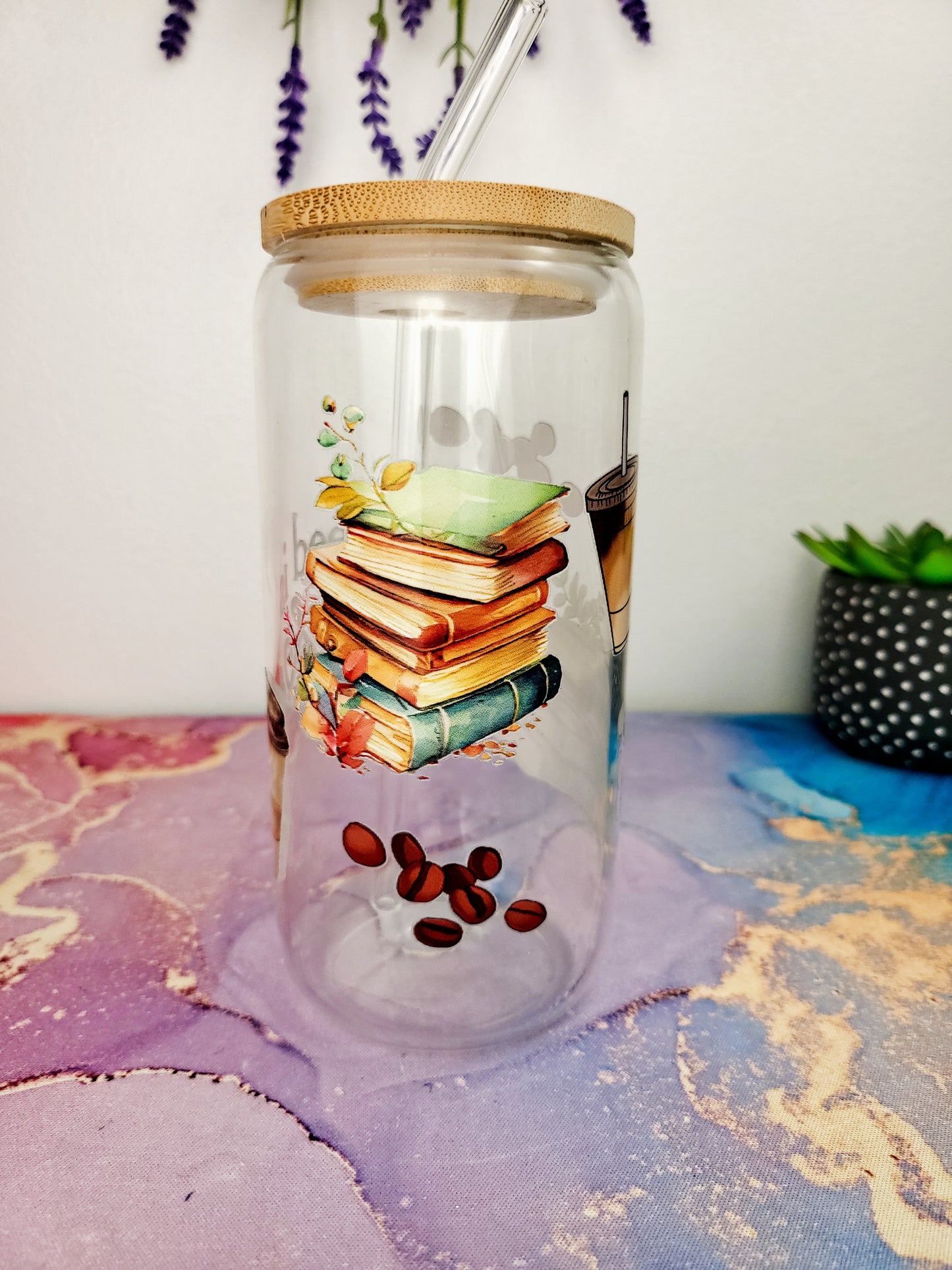 'All I need is Coffee & Books' 16oz Libbey Glass Can