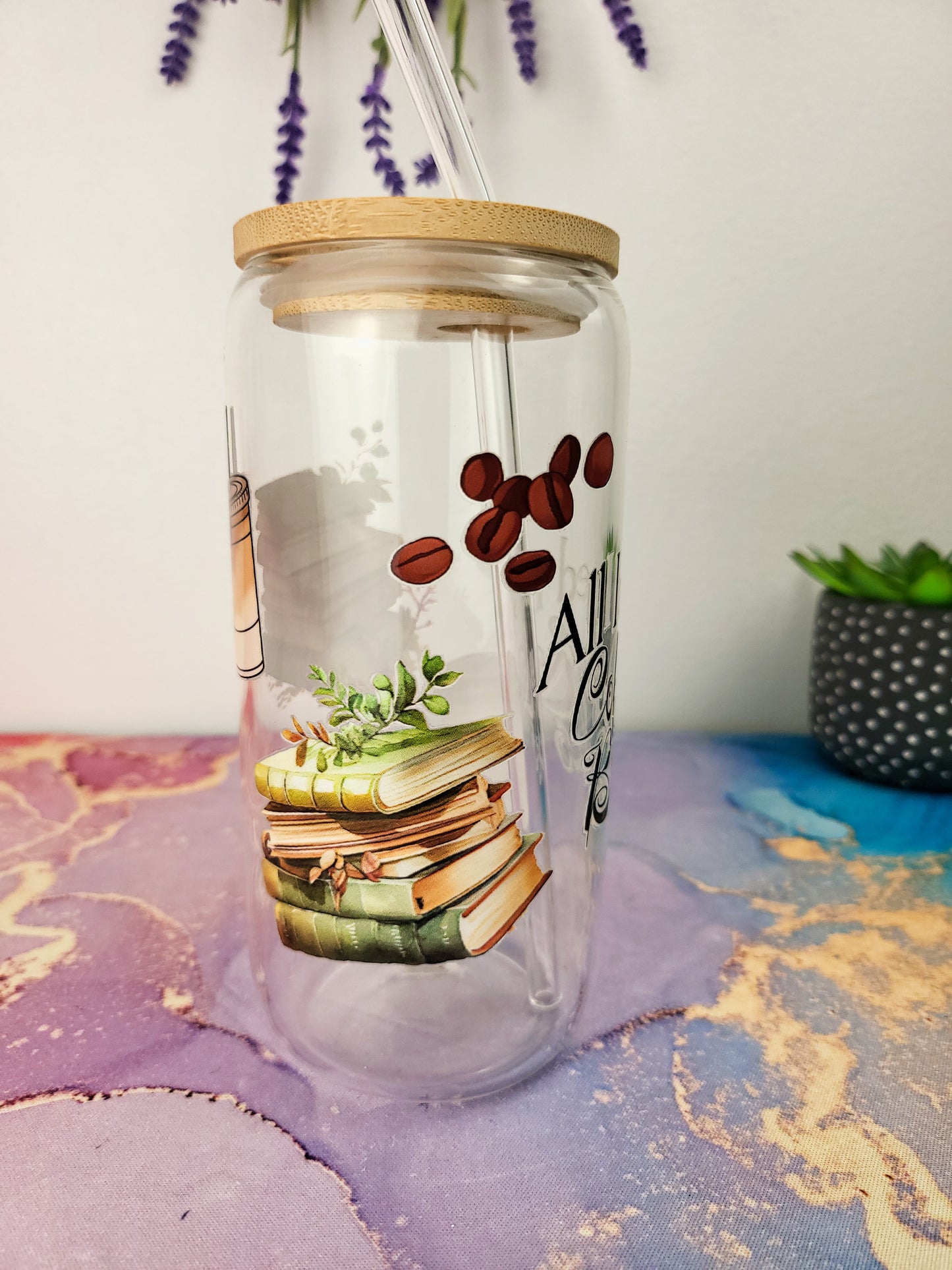 'All I need is Coffee & Books' 16oz Libbey Glass Can